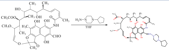 Rifapentine can be prepared by 3-aldehyde rifamycin SV with 1-Amino-4-cyclopentylpiperazine.